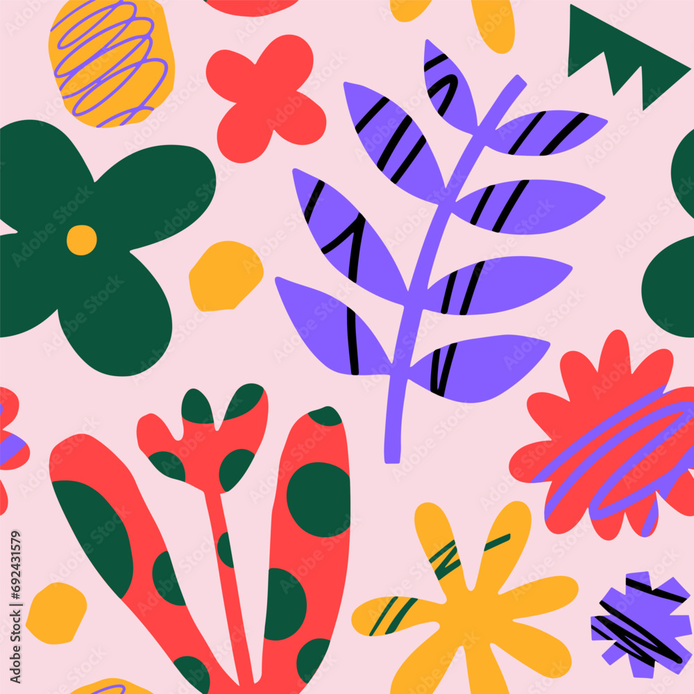 Aufkleber Seamless pattern with abstract graphic and floral shapes. Multicolored shapes and objects on light background. Elements of minimalism in style of modern art. Vector illustration for your design.