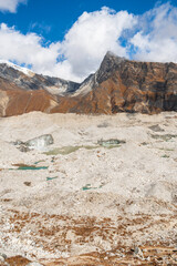 Pass through Ngozumpa glacier from Gokyo to Dzongla in mountains of the Himalayas during EBC Everest bace camp or Three passes trekking in Sagarmatha, Khumjung, Nepal.