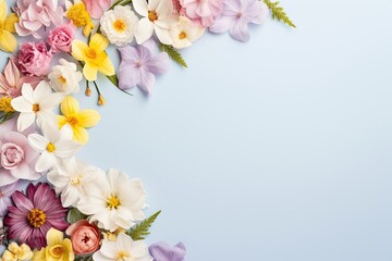 Fresh spring flowers on a monochrome background. Place for text, top view. Holiday concept.