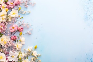 Fresh spring flowers on a monochrome background. Place for text, top view. Holiday concept.