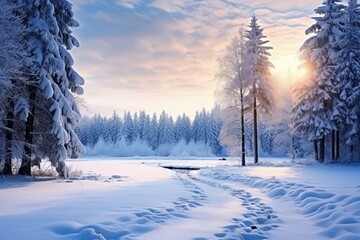 Beautiful winter landscape with snow covered trees. Screen saver and other uses.