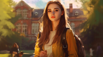 Illustration of a young woman who is  a student in a urban scene 