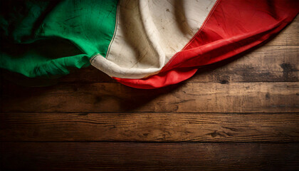 Close-up an old national flag of the Italy (Italian flag), on an old wooden table with copy space. Patriotism, pride, labor day and memorial day concept.