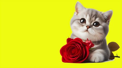 Beautiful cat with flowers isolated on yellow bacground, generative ai