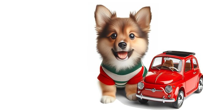 brown dog sit with red car isolated on white background, generative ai
