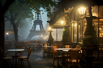 Early foggy morning on a fictional street in Paris - obrazy, fototapety, plakaty