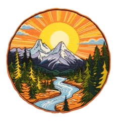Fototapete Berge mountain embroidered patch isolated on transparent background Remove png, Clipping Path, pen tool