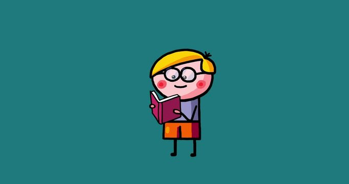Cartoon kid character animated Yanec boy isolated reading. Moving child serie transparent. Useful content presenter no background.