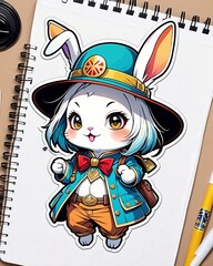 Detailed illustration of a cute little rabbit wearing a Hemin Kaminski hat cute stickers