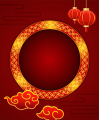 Chinese new year illustration red ornament background with asian elements, lanterns and round banner