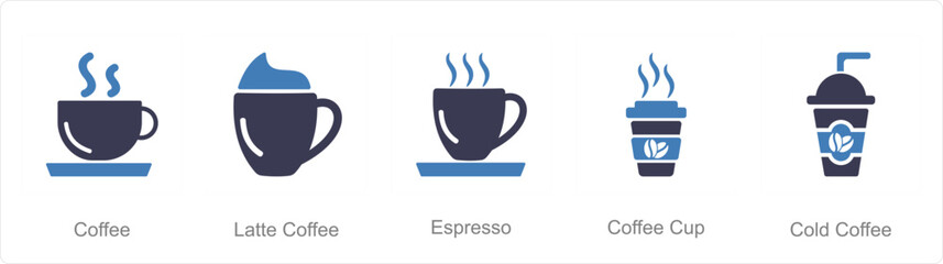 A set of 5 Coffee icons as coffee, latte coffee, espresso