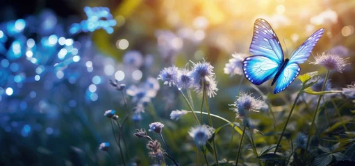 Photo sur Plexiglas Blue nuit A butterfly flies around in a blue flowering meadow in spring.