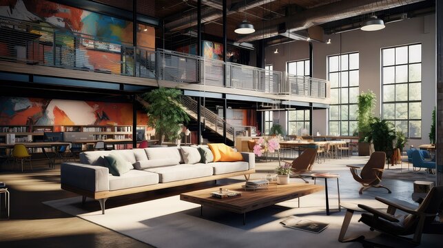 workspace loft business background illustration creative design, industrial trendy, modern open workspace loft business background