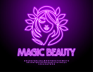 Vector advertising Emblem Magic Beauty. Violet Neon Font. Glowing Alphabet Letters and Numbers set.