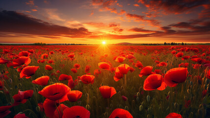  poppy field under the golden sunset, with vibrant red flowers and dramatic clouds, creating a breathtaking and tranquil scene of natural beauty.