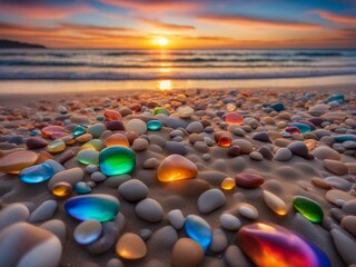 Obraz premium a rainbow of rocks on the beach at sunset, which shows a beach at sunset