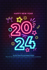 2024 Neon Letters Happy New Year, glowing icon on brick wall background, Signboard neon light effect on brick background, Web banner, Poster, Flyer, Greeting card, Ticket for Party, Music Festival