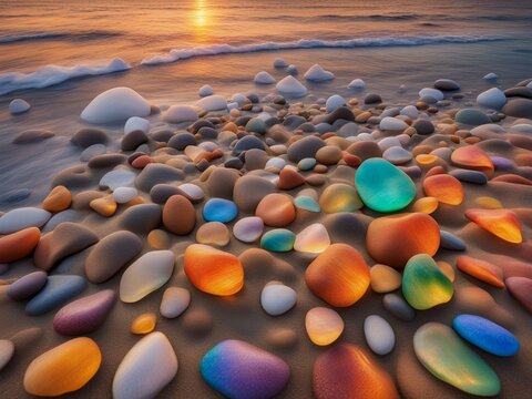 a rainbow of rocks on the beach at sunset, which shows a beach at sunset