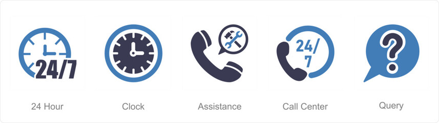 A set of 5 Contact icons as 24 hour, clock, assistance - obrazy, fototapety, plakaty