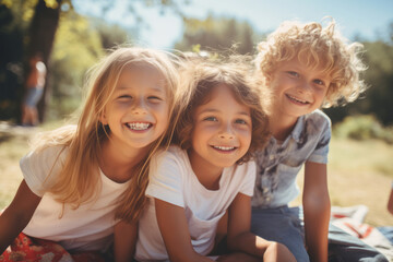 Fototapeta premium A group of cheerful young friends having fun together outdoors on sunny summer day. Young men and women spending time outdoors.