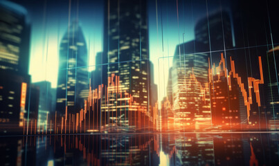 city skyline and  financial chart on double exposure 