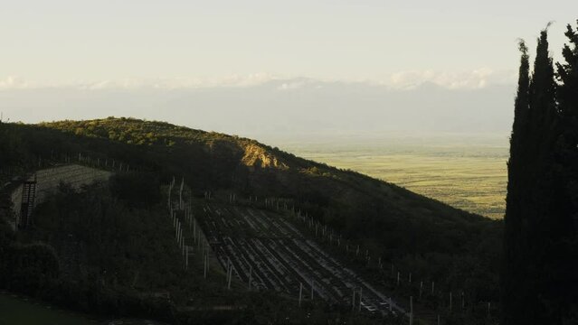 Peaceful Georgian landscape. View of the Caucasian ridge and valley near the Bodbe Monastery. Mountains, nature.