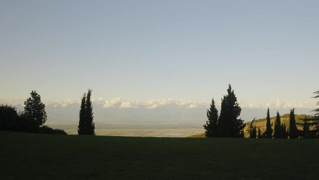 Peaceful Georgian landscape. View of the Caucasian ridge and valley near the Bodbe Monastery. Mountains, nature.