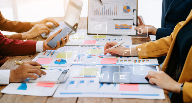 Business team partnership meeting concept. Business hand using laptop, tablet and smartphone in virtual icon screen