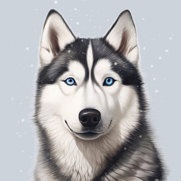 Siberian Husky dog with blue eyes on gray background. AI.