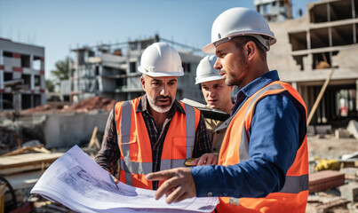 Professional engineers discussing about blueprints and effectivity at construction site - obrazy, fototapety, plakaty