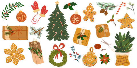 Christmas big set of elements with gingerbread cookies, Christmas tree, toys, presents, fur tree, mittens. Stickers set. Winter holiday decorations. Vector hand draw illustration isolated - obrazy, fototapety, plakaty