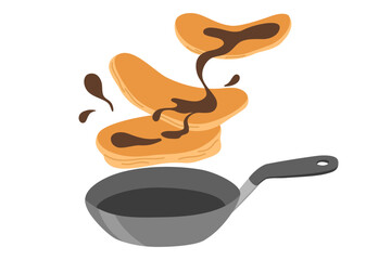 Pancakes. Tasty pancakes toss in the pan. Delicious breakfast food. American brunch. Vector illustrations isolated on the white background  - obrazy, fototapety, plakaty
