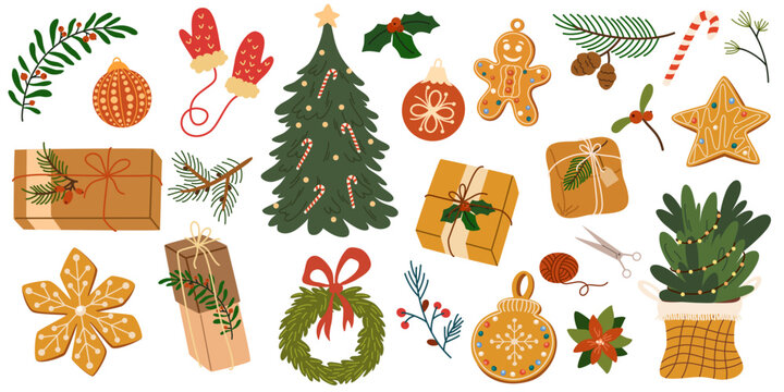 Christmas big set of elements with gingerbread cookies, Christmas tree, toys, presents, fur tree, mittens. Stickers set. Winter holiday decorations. Vector hand draw illustration isolated