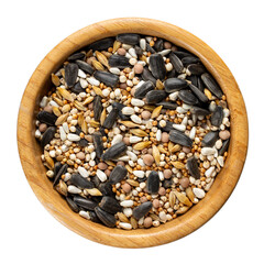 Grain mixture for wild birds. Birdseed for outdoor feeders in wooden bowl isolated on white. Top view.