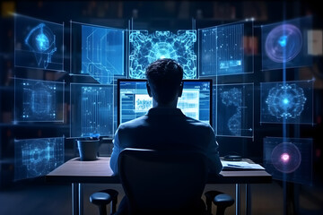 A young man sits at a computer and works with a neural network. The concept of artificial intelligence and modern technologies. Back view