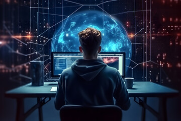 A young man sits at a computer and works with a neural network. The concept of artificial intelligence and modern technologies. Back view