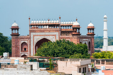 views of taj mahal from a rooftop, india - obrazy, fototapety, plakaty