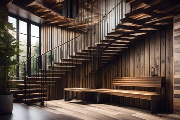 Loft Interior with Staircase, Wooden Bench, and Concrete Wall