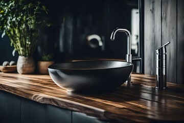 Obraz na płótnie Canvas Wooden Countertop Hosting a Black Vessel Sink and Modern Faucet