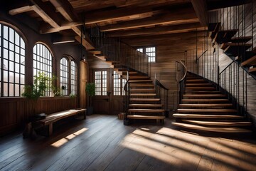 Loft Interior with Staircase, Rustic Bench, and Concrete Wall