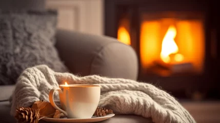 Foto auf Acrylglas a mug of hot tea stands on a chair with a woolen blanket in a cozy living room with a fireplace. Cozy winter day © medienvirus