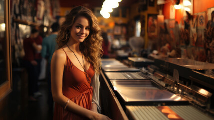Fototapeta na wymiar Beautiful young woman in red dress posing in a vinyl music shop. Record store.