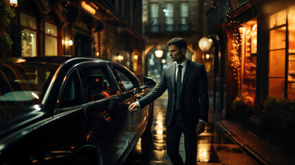 Handsome man in luxury suit standing near luxury car in night city and open door. - obrazy, fototapety, plakaty