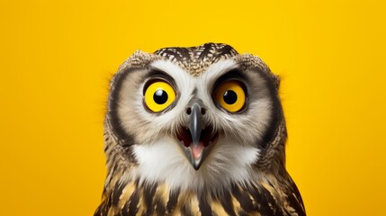 Fototapeta premium studio portrait of surprised owl, isolated on yellow background