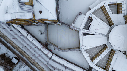 Drone photography of old prison backyard during winter