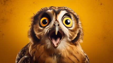 studio portrait of surprised owl, isolated on yellow background