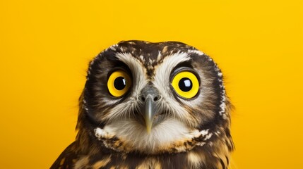 studio portrait of surprised owl, isolated on yellow background