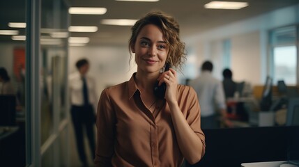A female call center consultant operator answers clients on the phone and helps to answer questions - Powered by Adobe