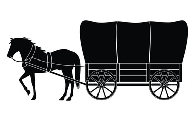 Wooden covered wagon with horse isolated on white, black silhouette, vector illustration  - obrazy, fototapety, plakaty