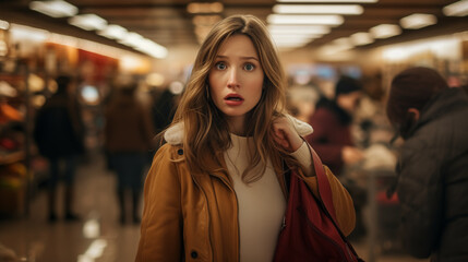 Donna in supermercato con espressione spaventata, in stato di stress - obrazy, fototapety, plakaty